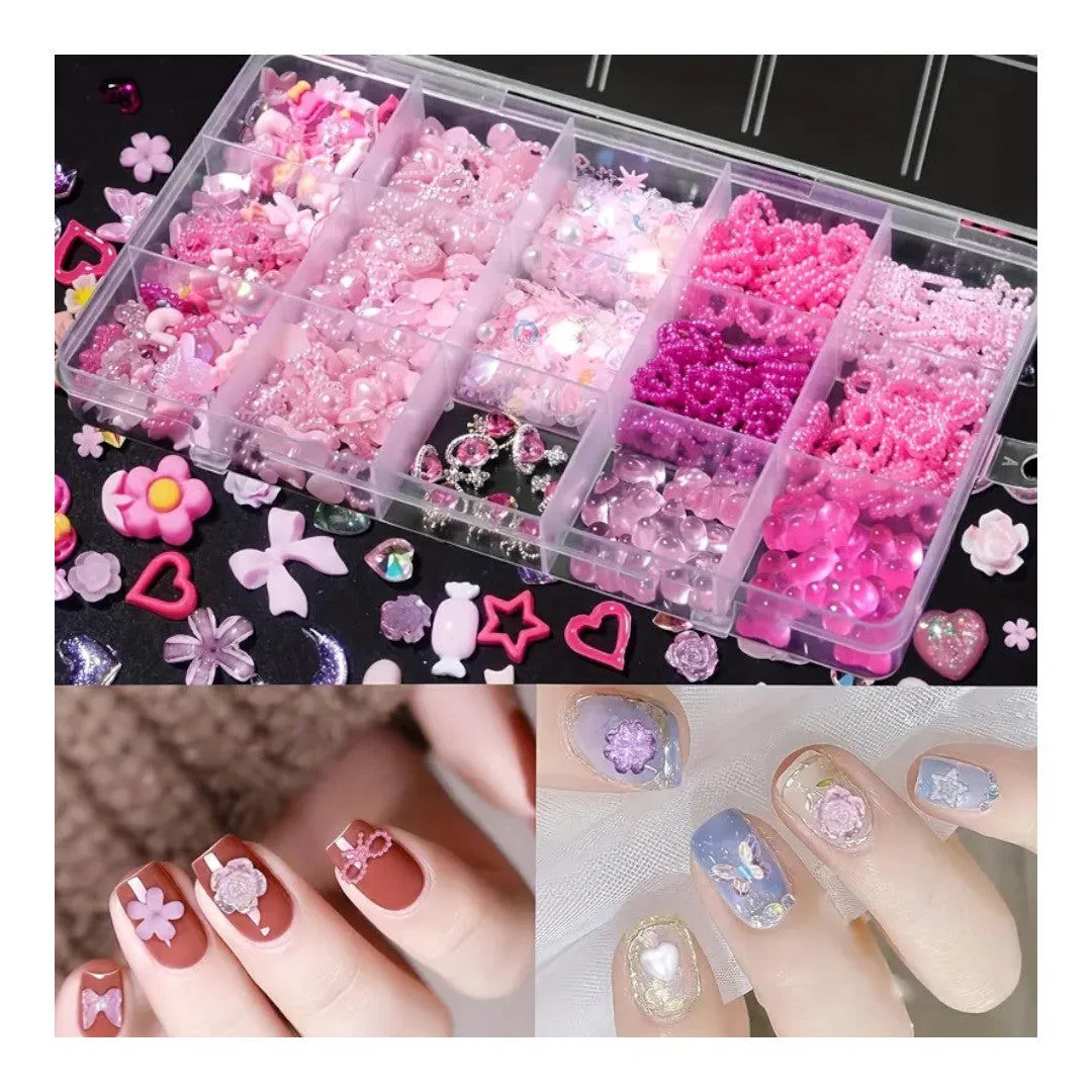 CNBS Nail Charm - Mixed Pink Styles w/ Tweezer (15 Grids) - Image 3