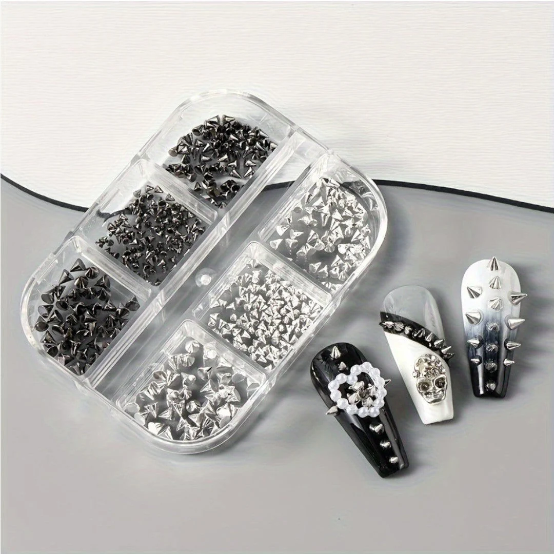 CNBS Nail Charms – Mixed White/Black Punk Cone Spikes (6 Grids)