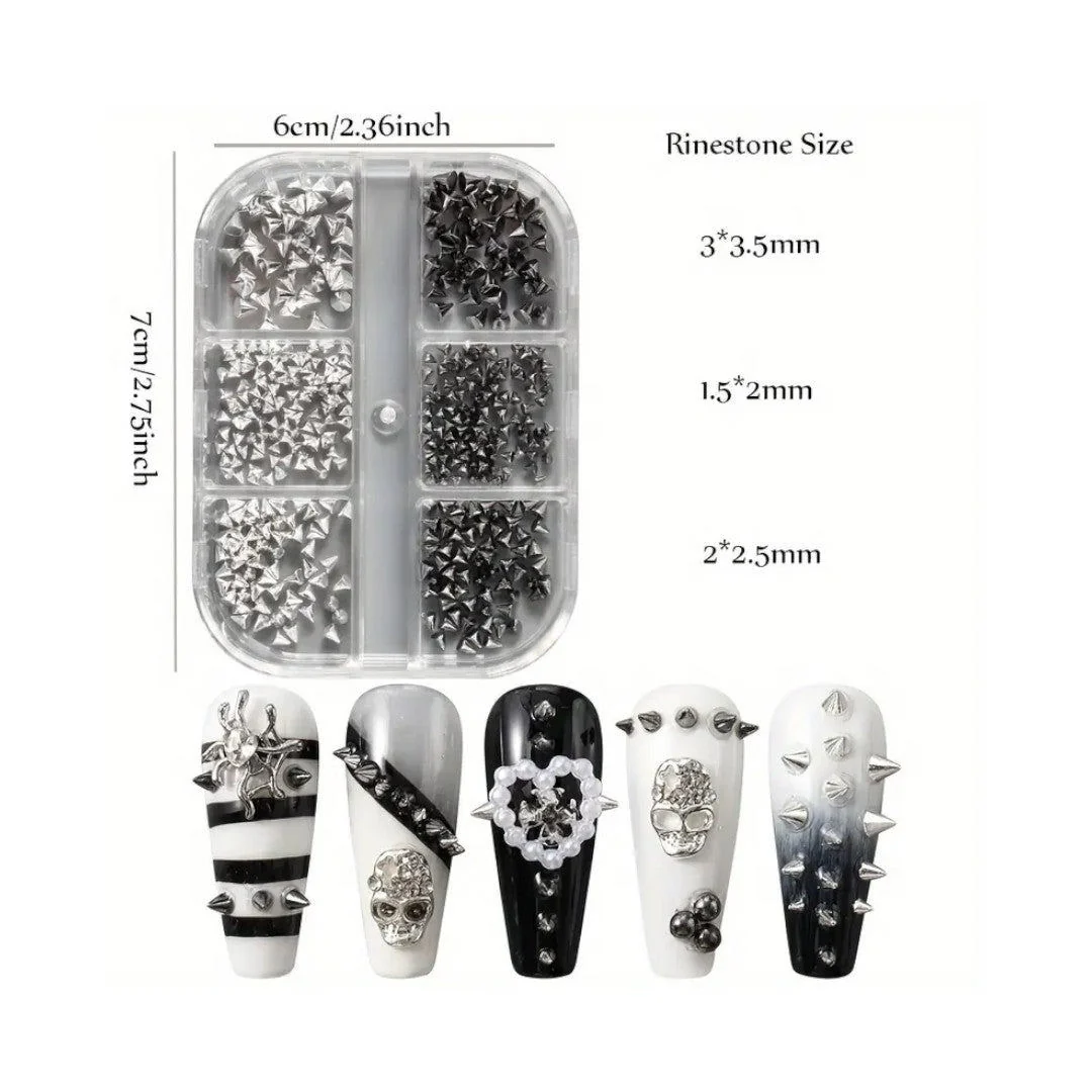 CNBS Nail Charms – Mixed White/Black Punk Cone Spikes (6 Grids) - Image 3