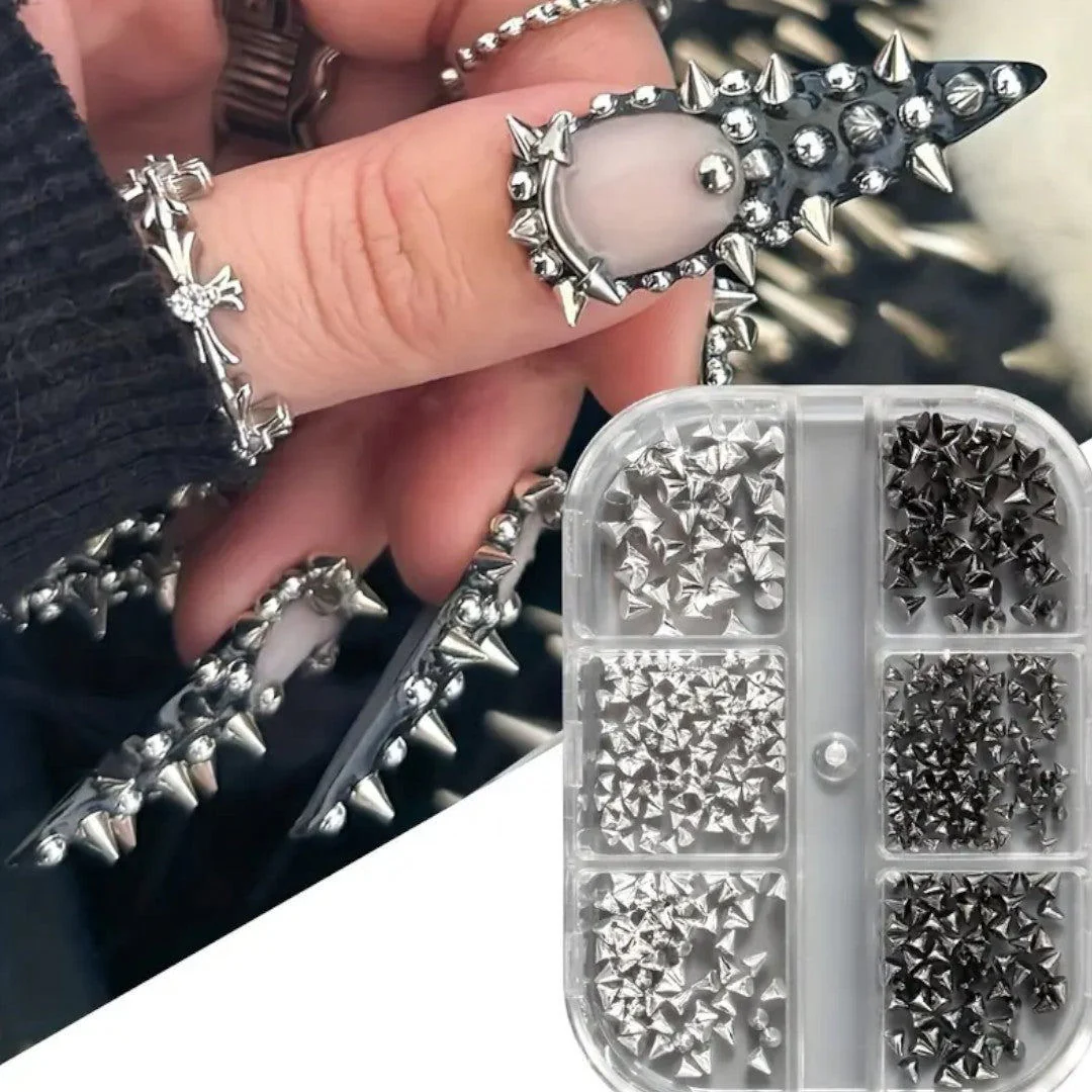 CNBS Nail Charms – Mixed White/Black Punk Cone Spikes (6 Grids) - Image 5
