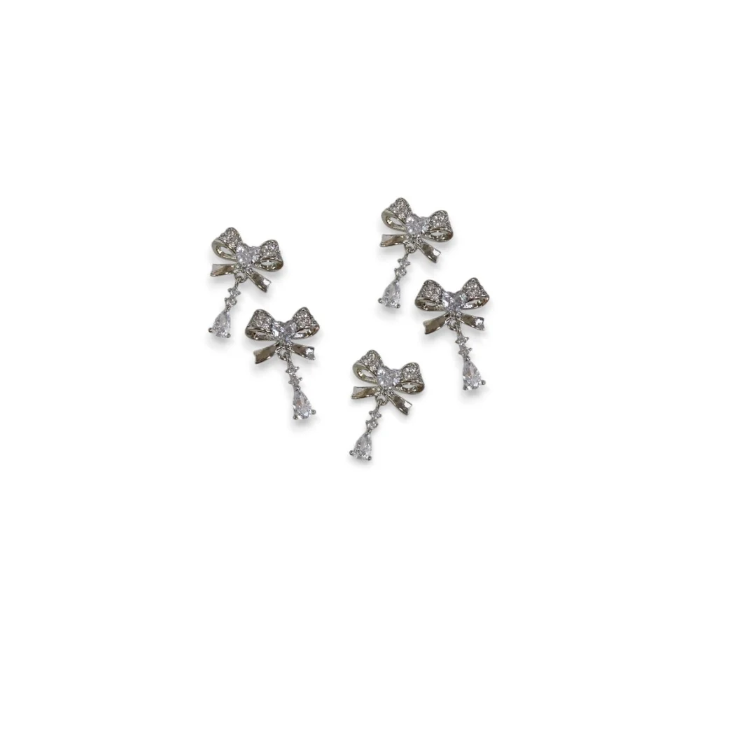 CNBS Nail Charms - Silver Bow w/ Crystal Heart (5pcs) - Image 4