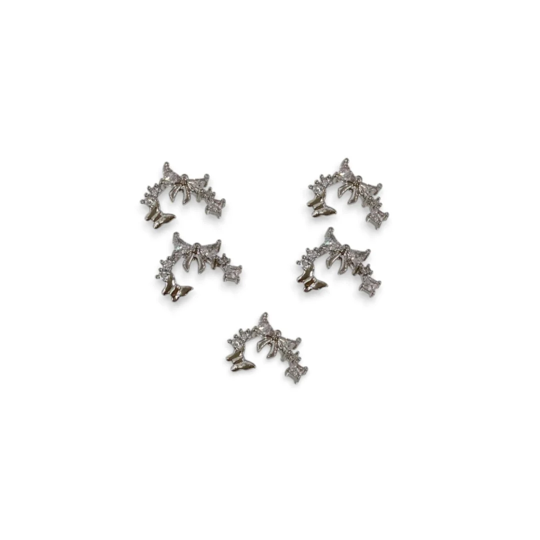 CNBS Nail Charms - Silver Bowknot w/ Crystal (5pcs) - Image 4